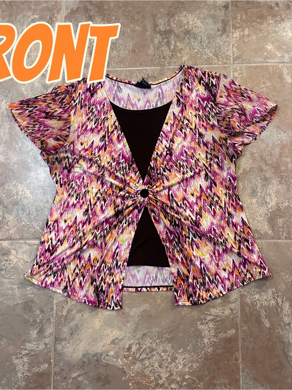 Bay Studio Pink Multi-Print Short Sleeve Knot Front Top